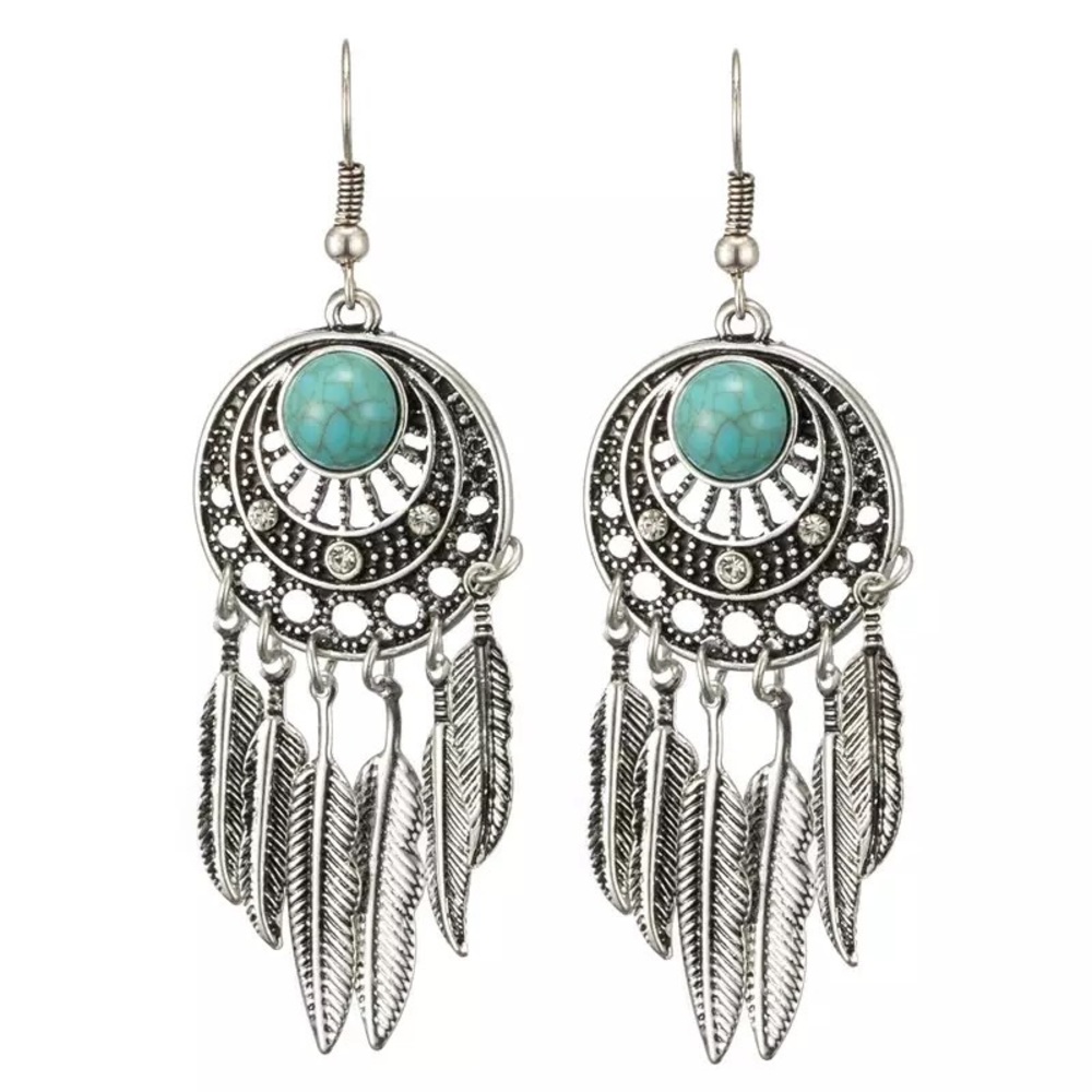 Dream Catcher Earrings turquoise stone silver jewelry feather Dreamcatcher